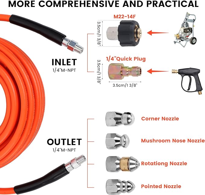 150FT Sewer Jetter Kit for Pressure Washer, 5800 PSI Water Jet Drain Cleaner Hose With Corner Rotating Button Nose Nozzle 1/4 Inch NPT, Jetting Nozzles Kit With Spanner Handle Strap