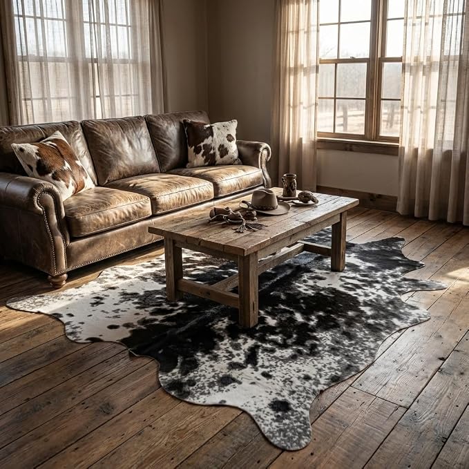 MustMat Faux Cowhide Rug,Cow Print Area Rug for Western Decor 5'2'' × 6'7'' | Black & White for Bedrooms, Living Rooms & Offices. Suits Industrial & Farmhouse Decor for Holiday & Parties