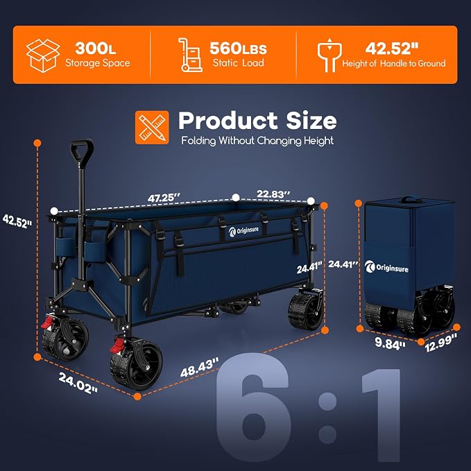 Originsure 48" L Collapsible Wagon Cart Foldable, 560lbs Weight Capacity 300L Heavy Duty Folding Beach Wagons with Big All-Terrain Wheels, Utility Carts for Groceries, Camping, Sports - Blue