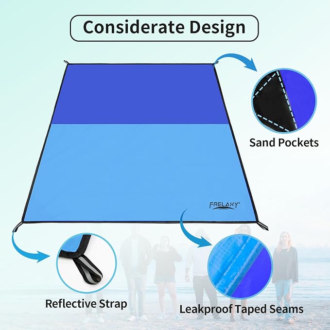 Frelaxy Pocket Picnic Blanket, Waterproof Sandproof Beach Mat, Compact Camping Tarp for Festivals, Hiking, Travel, Outdoor Recreation (Navy & Blue, 57'' x 71'')