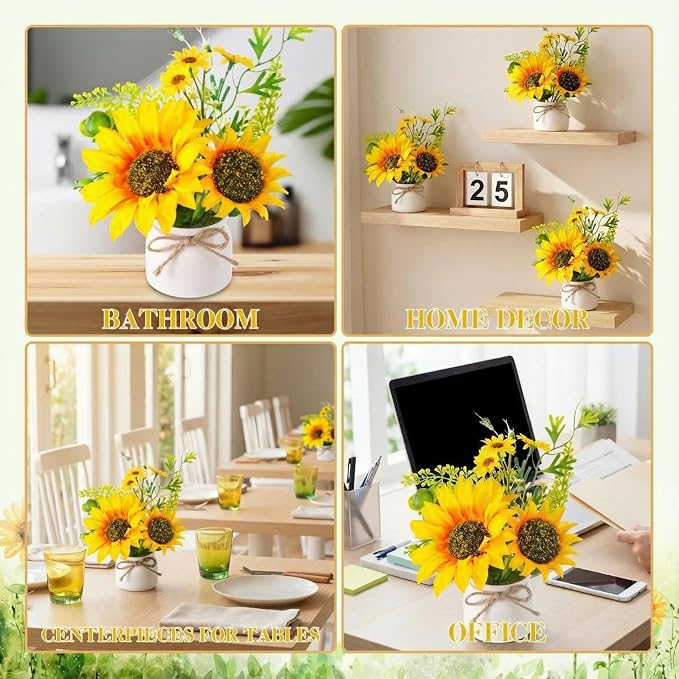 Zeyune 24 Pcs Sunflower Potted Plants Rustic Summer Spring Kitchen Wedding Table Centerpieces Silk Yellow Fake Flower with Plastic Pot for Home Bathroom Office (White,Sunflower)