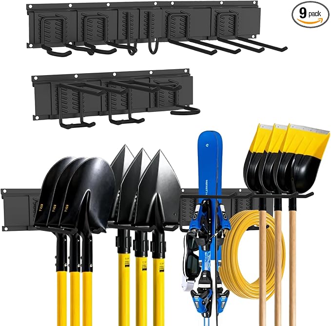 Garage Tool Organizer Wall Mount, Easy to 64inch Install Heavy-Duty Garage Storage System with 9 Adjustable Hooks, Garden Tool Rack for Shovels, Rakes, Yard Tools