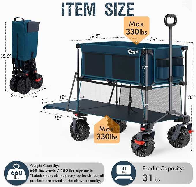 Portal Collapsible Large Double Decker Wagon with Brakes, 660lb Foldable Heavy Duty Utility Wagon Cart, 400L All-Terrain Big Wheels & 54" Extra Long Extender for Sports, Camping & Outdoor Use