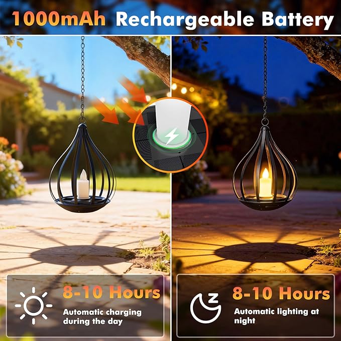 Solar Lanterns Outdoor Waterproof, Solar Lights Outdoor with Flickering Flameless Candle, Garden Decor Gifts for Women Mom Grandma, Hanging Solar Lights for Patio, Porch, Backyard, 1 Pack