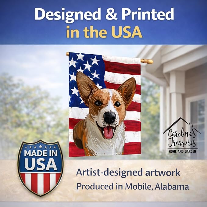 Caroline's Treasures CK6750CHF Cardigan Welsh Corgi American Flag House Flag Large Porch Sleeve Pole Decorative Outside Yard Banner Artwork Wall Hanging, Polyester, House Size, Multicolor