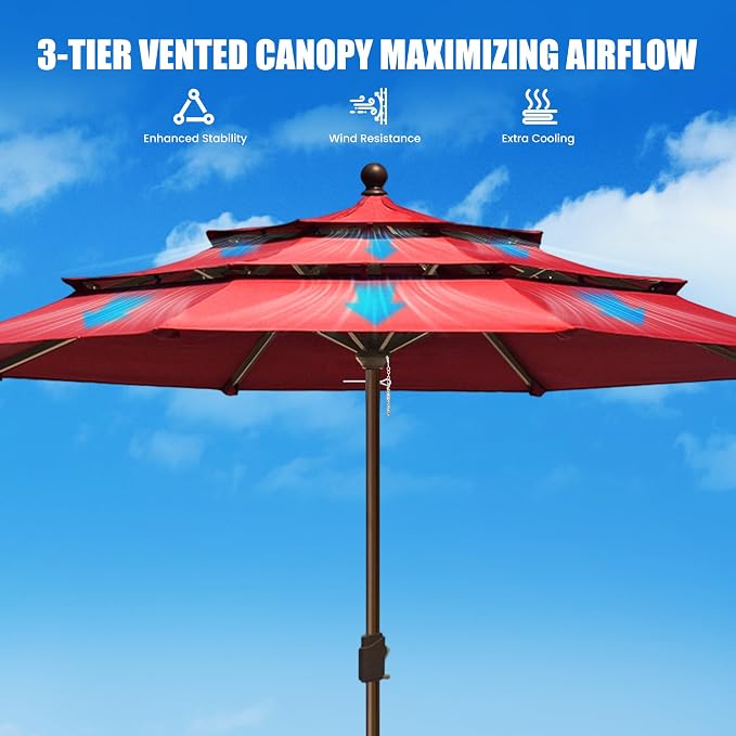 EliteShade USA 10-Year-Non-Fading 11ft 3-Tier Market Patio Umbrella, Commercial Grade Outdoor Table Umbrella with Crank Open, Windproof & UPF 50+ UV Protection, Heavy Duty Ventilation for Garden, Deck, Pool, Backyard, Beach & Bistro, No Tilt, Logo Red