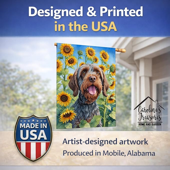 Caroline's Treasures DAC6177CHF Wirehaired Pointing Griffon in Sunflowers House Flag Large Porch Sleeve Pole Decorative Outside Yard Banner Artwork Wall Hanging, Polyester, House Size, Multicolor
