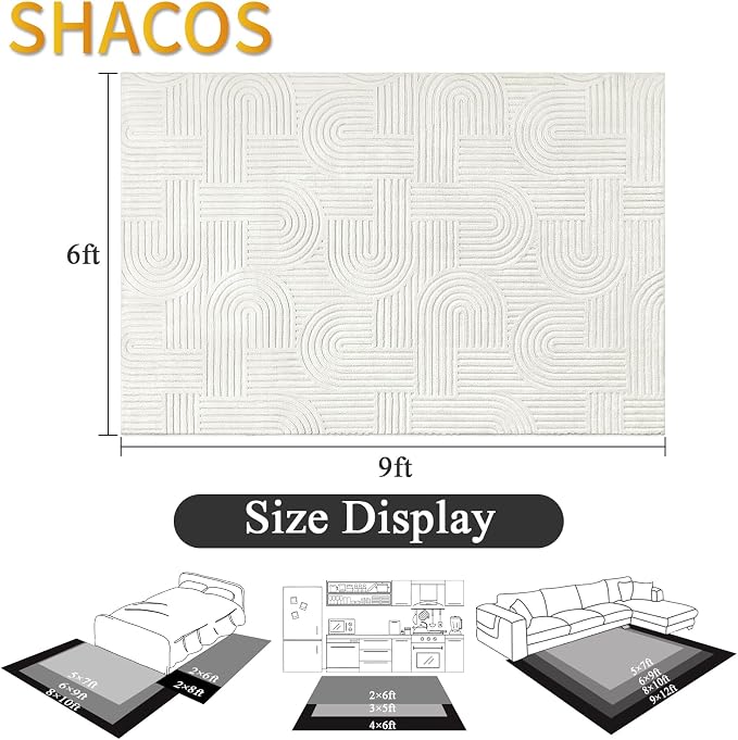 SHACOS Soft Cozy Fluffy Arch Pattern High-Low Pile Area Rugs 6'x9' Large Non Slip Washable Modern Geometric Rug Scandinavian Minimalist Carpet for Living Room Bedroom Dining Room, Cream White