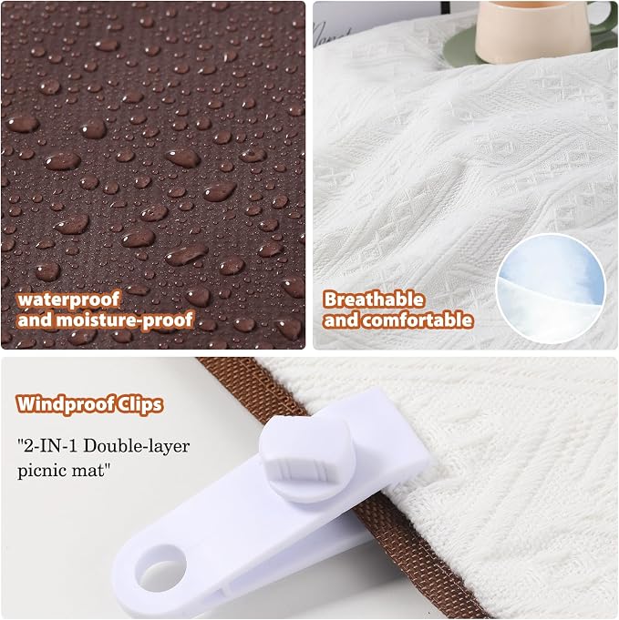2-in-1 White Picnic Blanket, Extra-Large Waterproof Picnic Mat,Outdoor Blanket for Camping, Beach, Park,Portable Double-Layer Design (71"x71",T-Grid)