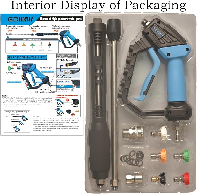 GDHXW Adjustable High Power Pressure Washer Gun with Swivel,with 2 Extension Wand 5 Nozzle10 O-Rings Thread Adapter 5000 PSI For Pressure Washer
