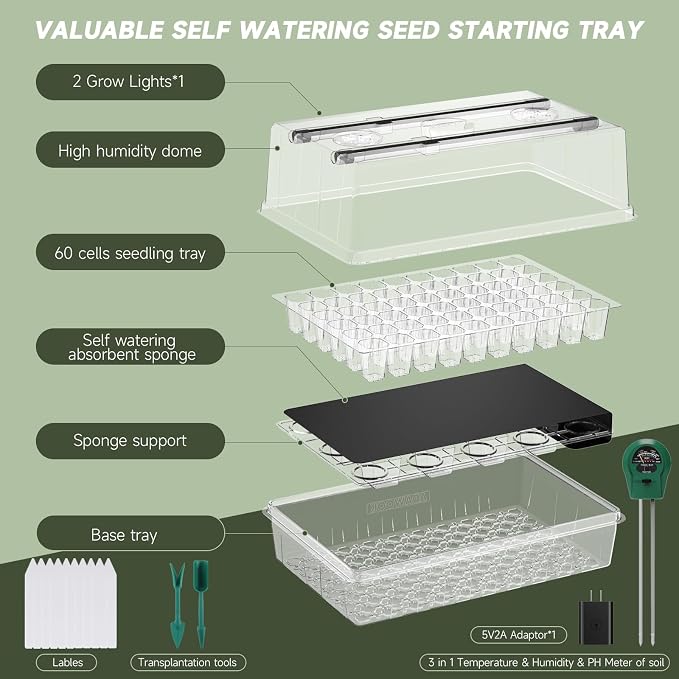 Adawook Self-Watering Seed Starter Tray with Grow Lights, Seed Starter Kit, Full Spectrum Grow Light for Seed Starting, Timing Set, Germination Tray Grow Kits with High Humidity Domes