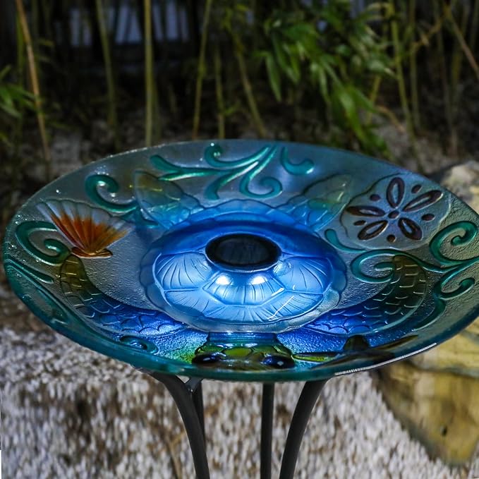 MUMTOP Glass Bird Bath, Large Bird Baths for Outdoors, Solar Birdfeeder with Metal Stand for Garden, Yard, Lawn Decor sea Turtle Pattern(Blue, 21.5"X18")