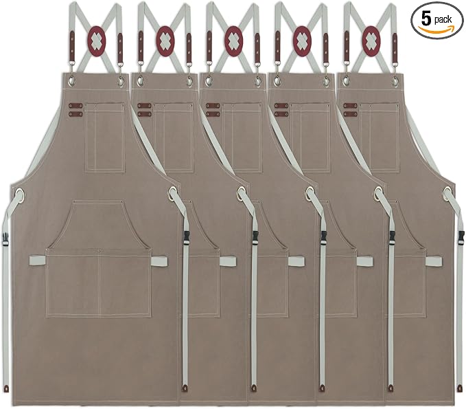 5 Pack Kitchen Apron, Work Apron, Canvas Apron, Dark Gray | Multiple Pockets, Gardening, Painting, BBQ, Artist, Carpenter, Sizes M to XXL