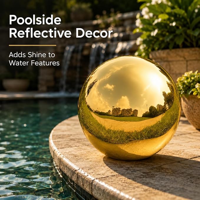 Gazing Ball Garden Mirror Outdoor - 8 Inch Outside Decorative Globe, Gold | Metal Polished Reflective Sphere, Stainless Steel Hollow Decoration Ornament for Home Pond Swimming Pool Housewarming Gift