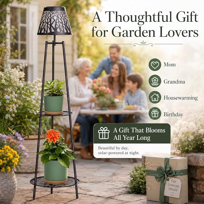 2 Pack Outdoor Solar Floor Lamp with Plant Stand, Waterproof Metal Garden Lights with 2-Tier Shelves, Decorative LED Cordless Patio Lamp for Porch, Deck, Balcony, Yard & Corner Decor (Bronze)