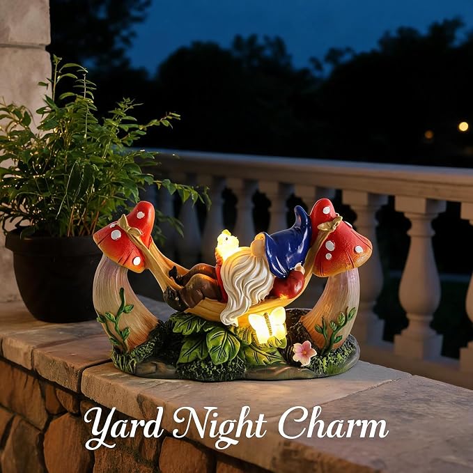 Solar Gnome Garden Statue with Mushroom and Butterfly Lights Outdoors, Waterproof Garden Decor for Yard Lawn Balcony, Cute Gnome Figurine for Outdoor Patio Decor, Ideal Gift for Garden Lovers