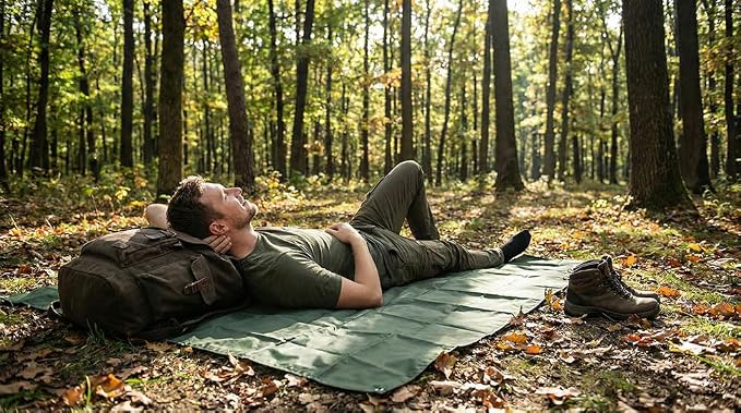 Outdoor Pocket Blanket, 55"x79" Waterproof Foldable Compact Small Picnic Blanket, Ultralight Tarp for Camping, Festival, Beach, Hiking, Backpacking, Travel, Stakes Included (Army Green)
