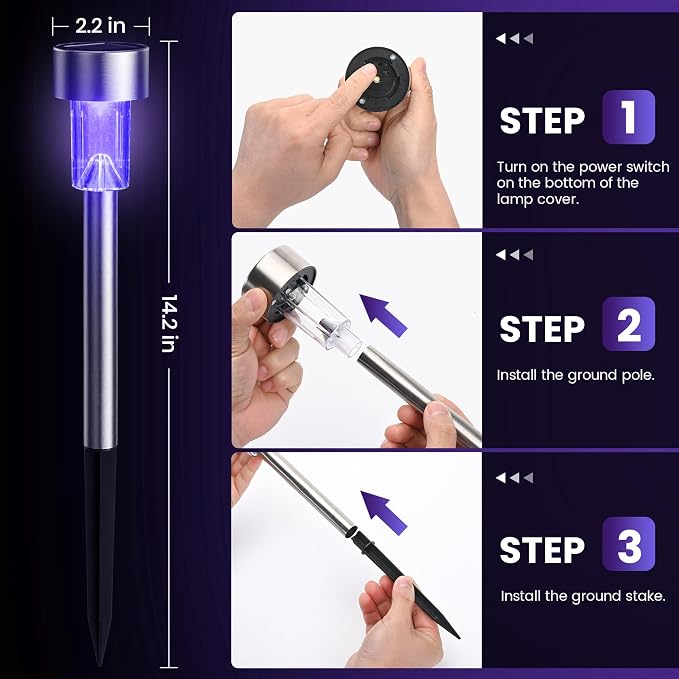 GIGALUMI Purple Solar Pathway Lights, 20-Pack Outdoor Halloween Decor | Waterproof LED stainless stakes for yard, garden & driveway. Purple glow sets spooky mood. Durable & easy install.