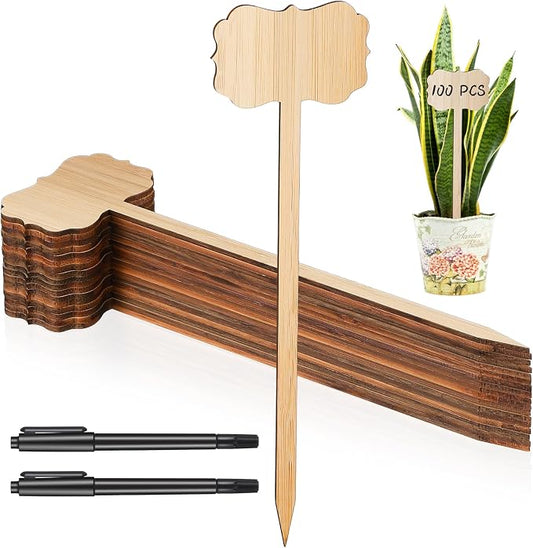 Jingmore 100 Pcs Bamboo Garden Markers Plant Labels 8 Inch Extra Long Plant Tags for Seedlings with Pen T-Type Tags Waterproof Nursery Garden Signs for Outdoor Flower Herb Potted