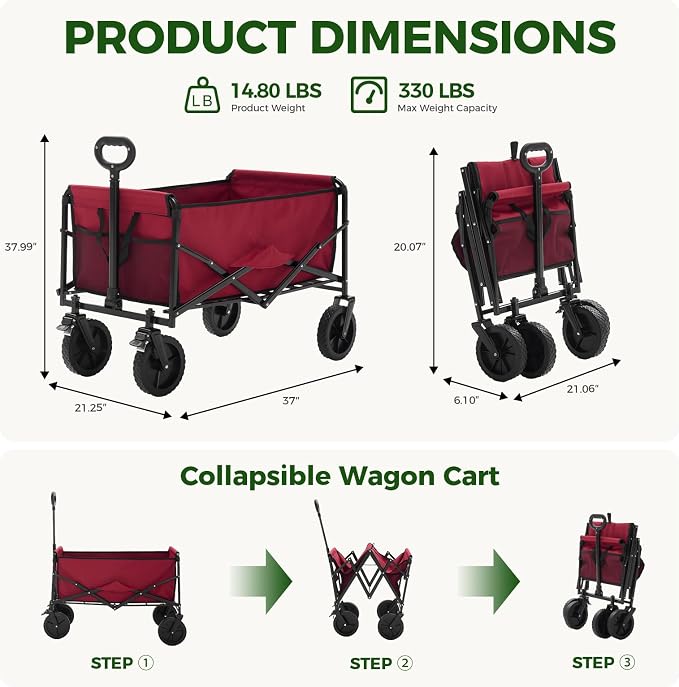 OLIXIS Collapsible Wagon 102L Standard Heavy Duty Utility Folding Wagon Cart with Lockable Brake Wheels – 330 lbs Weight Capacity, Flexible Handle for Beach, Grocery, Camping, Sports & Garden, Red