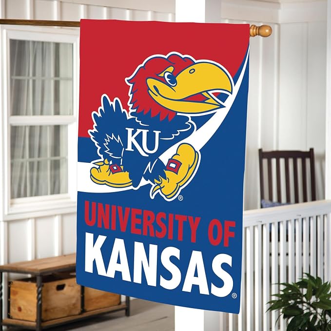 NCAA University of Kansas House Flag, 28 x 44, Double Sided Garden Flags for Outside, Outdoor College Flags & Banners for Gardens Patio, Indoor Wall Decor Flag for Room