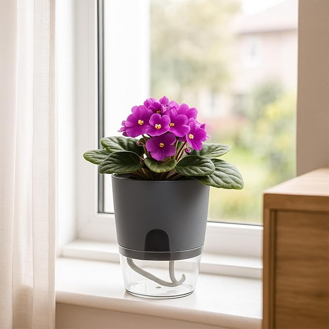 5 Pack Self Watering Pots for Indoor Plants, PlanterHoma 4 Inch Plant Pot Plastic Self Watering Planter for Orchid, African Violet, Small Clear Flower Pots with Drainage Holes and Wicking Rope, Grey