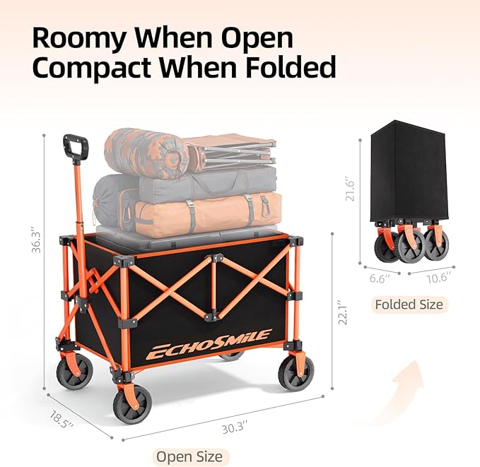 EchoSmile Lightweight Collapsible Wagon Cart, Compact Foldable Wagon for Grocery, Camping & Sports, Easy Fold Utility Wagon,Black&Orange