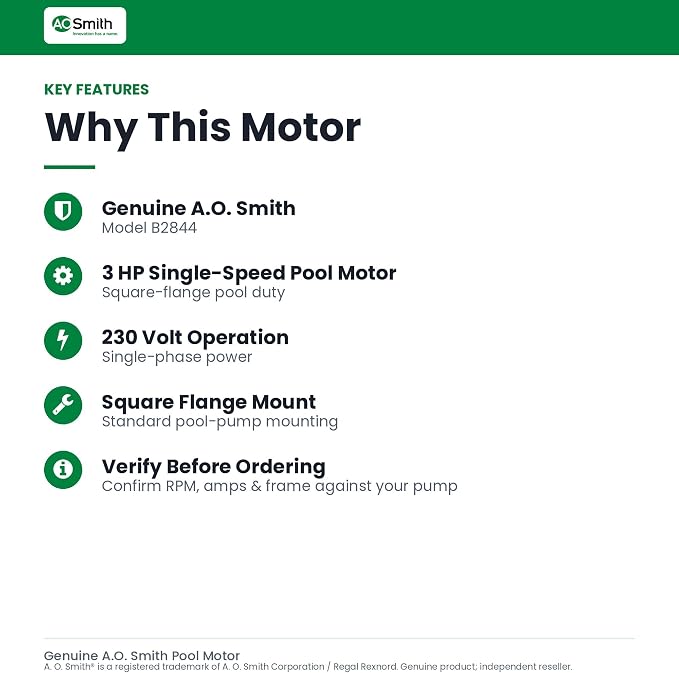 A.O. Smith B2844 3HP 230V Single-Speed Square Flange Pool Motor