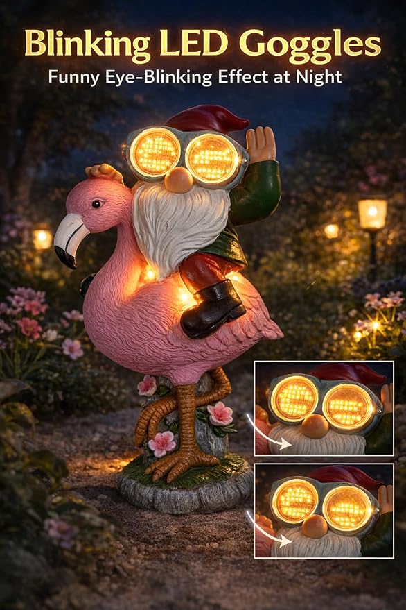 iStatue Solar Flamingo Gnome Garden Statue with Blinking LED Goggles, Funny Solar Garden Decor Outdoor Lawn Ornament Unique Birthday Gifts for Mom Women Dad Men (Multicolor)