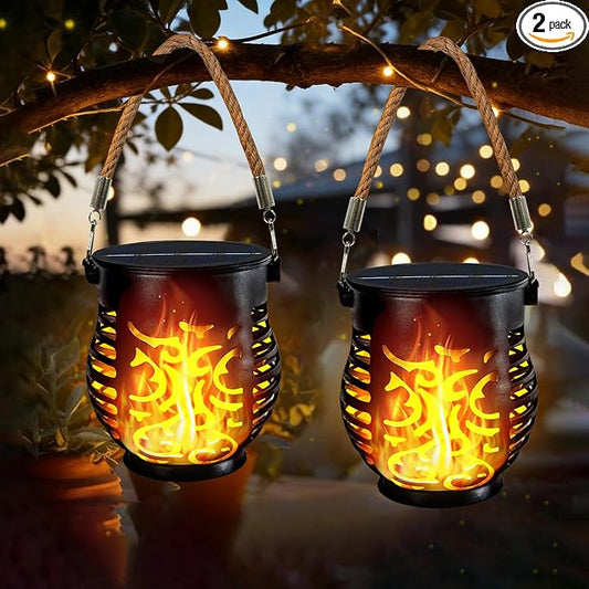 2 Pack Solar Lights Outdoor Waterproof Hanging Solar Lanterns Flame Lights | Flickering Flame, IP65 Waterproof, Auto On/Off Solar Powered, Hemp Rope Handle, Outdoor Indoor Garden Camp Patio Party Decor