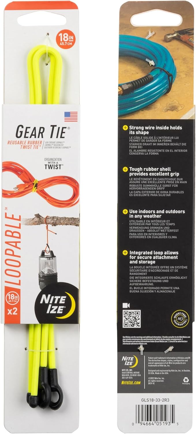 Nite Ize Gear Tie Loopable Twist Tie - Reusable & Flexible Twist Ties - Bendable Cable Ties for Gear & Cords - Loopable for Secure Fastening - 18", Neon Yellow (3 Pack)