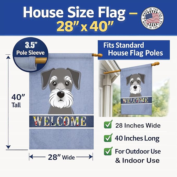 Caroline's Treasures BB1392CHF Schnauzer Welcome House Flag, Blue Large Porch Sleeve Pole Decorative Outside Yard Banner Artwork Wall Hanging, Polyester, House Size, Multicolor