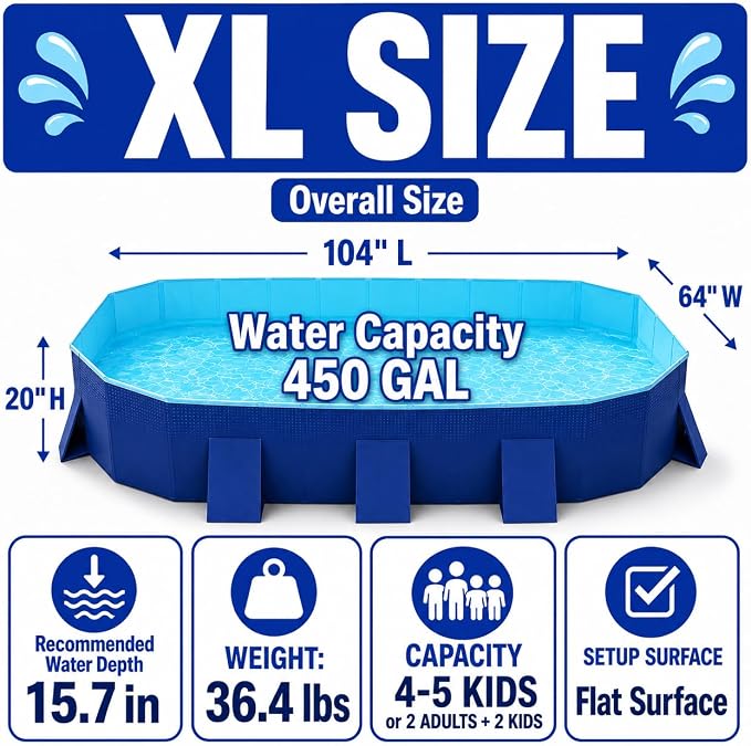 Japard 104" Foldable Non-Inflatable Swimming Pool, XL Indigo Blue | Kiddie Family Swimming Baby Toddler 20 Inch Deep with Reinforced Sidewalls for Backyard Rectangle