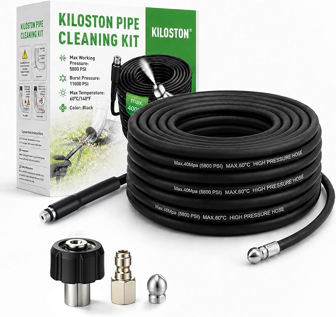100FT Sewer Jetter Kit for Pressure Washer, 5800 PSI/400 Bar Drain Cleaning Hose, Slim Flexible Hose with Penetration Jet Nozzle for Narrow Pipes, Bends and Clogged Drains