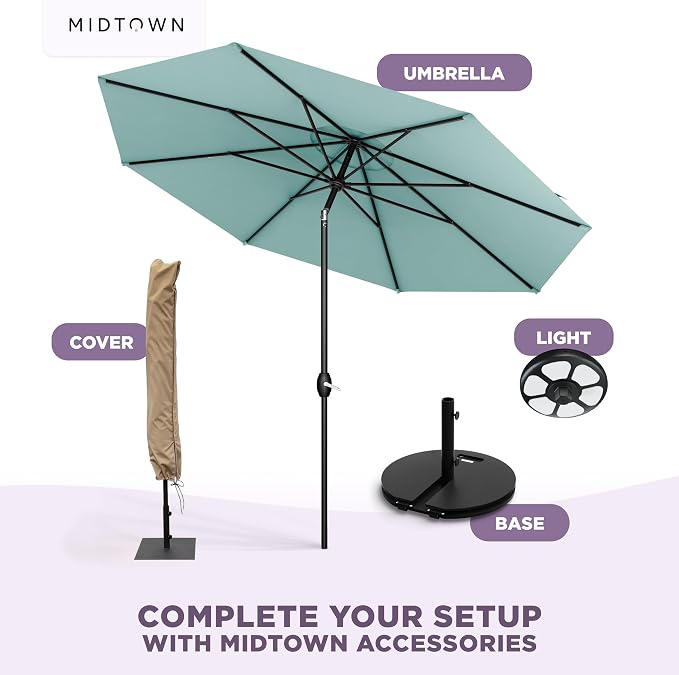 Midtown Umbrellas – The Swilt 8 Ft Patio Umbrellas with 360° Swivel & Tilt Mechanism, 8 Fiberglass Ribs & Terylast Polyester Fabric for Backyard, Deck, Pool & Cafes - Seawater Canopy, Black Pole