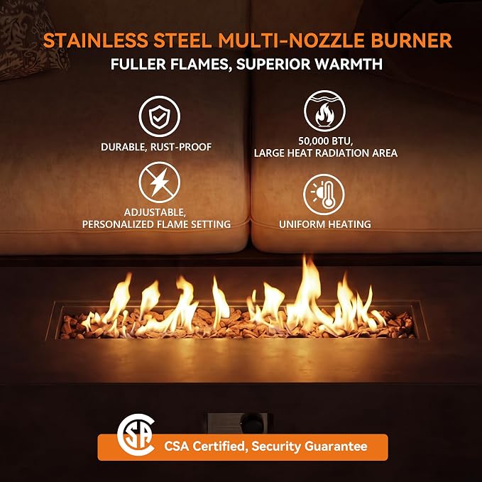COSIEST Outdoor Propane Fire Pit Table 56-inch x 28-inch Rectangle Bronze Compact Concrete-Like Finish, 50,000 BTU, Free Lava Rocks, Fits 20lb Tank Outside, Raincover