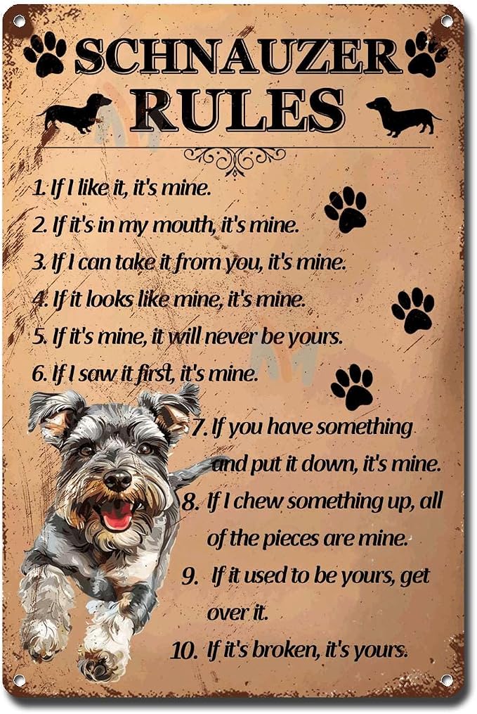 Metal Sign Tin Sign Vintage Wall Art Schnauzer Rules Gardening Decor Gift for Bar 6×8 Inches