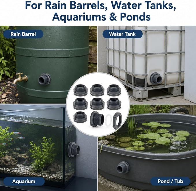 YOUNTHYE 8 Pack 2 Inch PVC Bulkhead Fitting, Double Threaded NPT Water Tank Connector, Bulkhead Pipe Adapter for Rain Barrels, Aquariums, Ponds, Tubs and Water Storage Projects