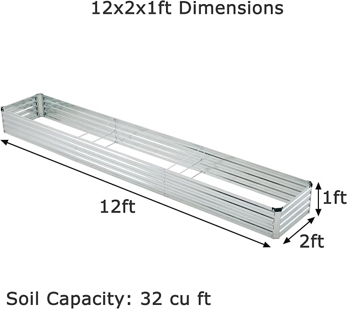 Foxlang 12x2x1ft(2 Pack) Galvanized Raised Garden Bed,Outdoor Planter Box Metal Patio Kit Planting Bed for Vegetables Flowers Herb,Silver