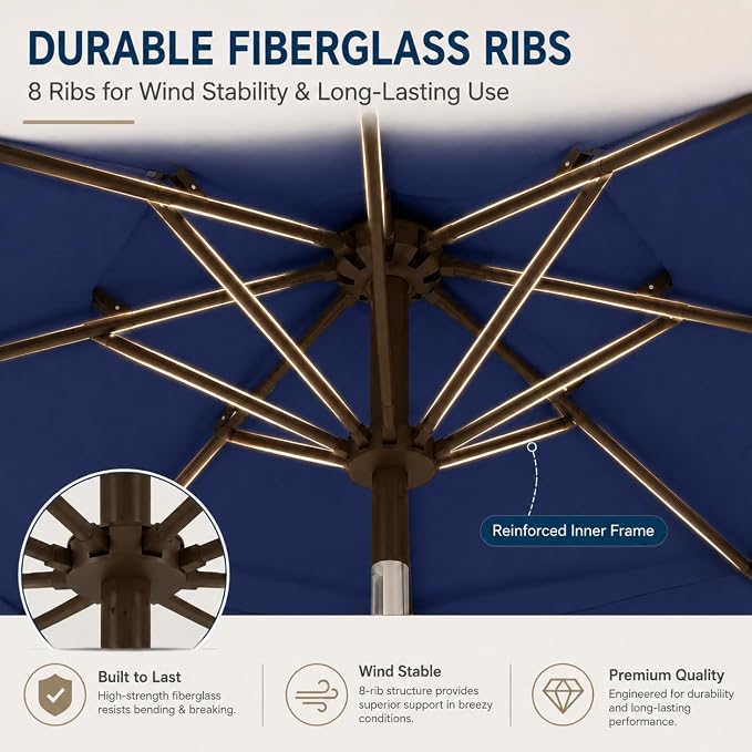 10ft Patio Umbrella, 3-Tier Vented Outdoor Table Umbrella with 8 Sturdy Fiberglass Ribs, Windproof Market Umbrella with Push Button Tilt and Crank, UV Protection for Deck, Pool, Navy Blue