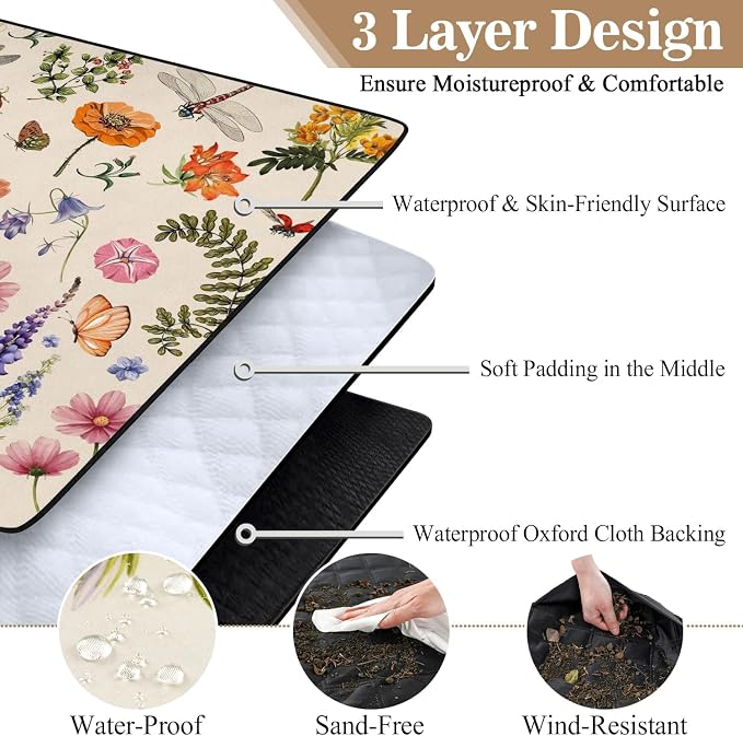 Picnic Blankets Waterproof Foldable Extra Large,80"x 80" Outdoor Beach Blanket Sandproof,3-Layer Lightweight Handy Mat Tote Picnic Camping Rugs for Outside Your Rv (Farmhouse Floral)