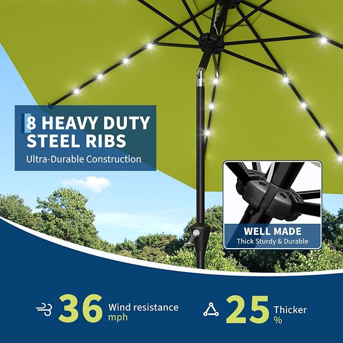 Garvee 10FT Solar Patio Umbrella with 32 LED Lights - Outdoor Table Umbrella with Crank Lift, Push Button Tilt and 8 Sturdy Ribs - Market Umbrella UV Protection for Pool, Deck, Yard, Garden