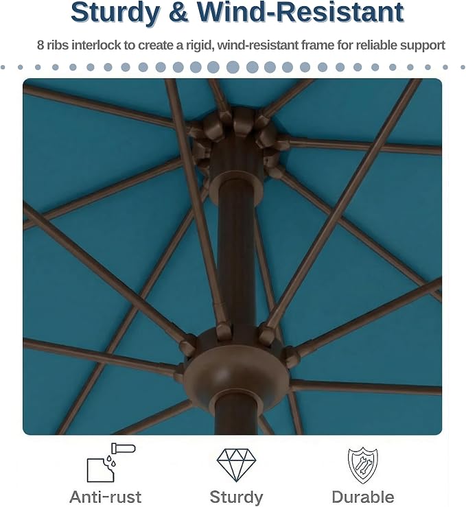 PatioKingdom 9FT Patio Outdoor Umbrella-UPF 50+ Sun Shade with Wind Vent, Push-Button Tilt & Smooth Crank Lift, Rust-Resistant Fiberglass Frame for Garden, Backyard,Yard (Lake Blue)