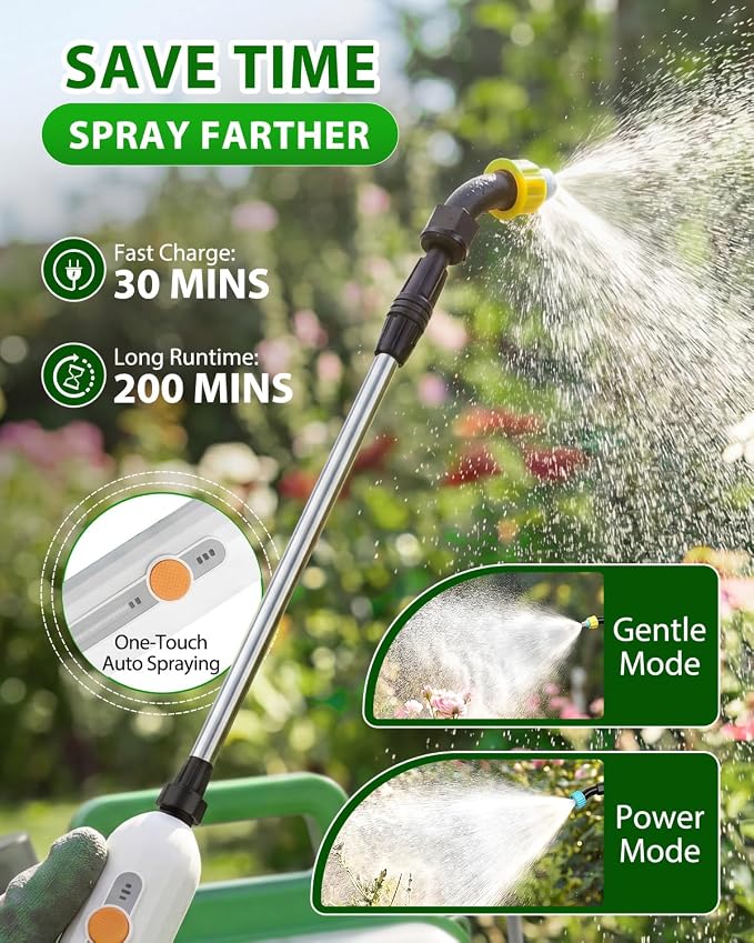 2 Gallon Electric Garden Sprayer, Upgrade Battery Powered Weed Sprayer with 3 Mist Nozzles & 5 Spray Modes, IP67 Rechargeable Handle, Retractable Wand, Sprayer with Shoulder Strap for Yard, Lawn Care