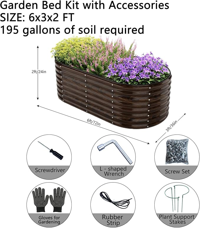 ZFHgarden Galvanized Metal Planter Round Raised Garden Bed Kit for Gardening Outdoor Garden Box Raised Flower Bed 1CP Wooden Color 6X3X2F