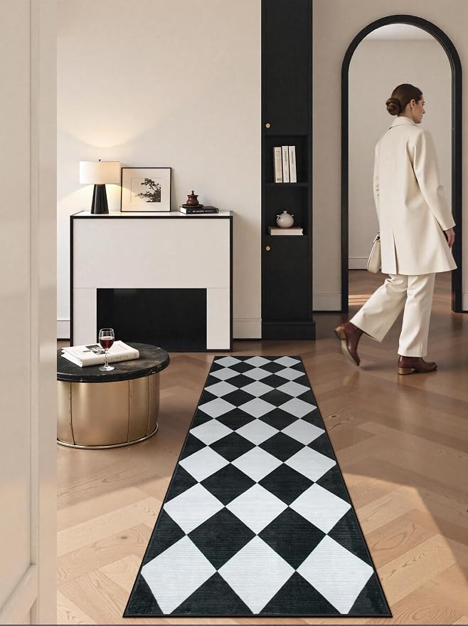 Beeiva Checkered Print Black Bathroom Runner Rug 2x6, Washable Ultra Thin Non Slip Laundry Room Rug Moroccan Stain Resistant Kitchen Runner, Modern Trellis Carpet for Hallway Bedroom Entryway Decor