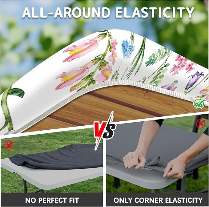 Picnic Table Cover with Bench Covers Elastic Edges, 3 Pcs Flower Fitted Table Cover with Drawstring Bag, Waterproof Windproof Aesthetic Camping Tablecloth, Outdoor Camping Essentials 72 Inch