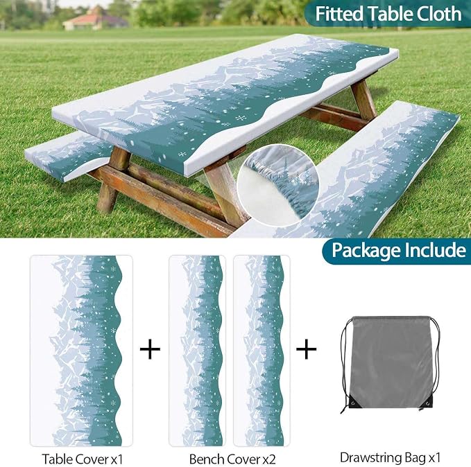 Picnic Table Cover with Bench Covers Waterproof Windproof Camping Tablecloth with Drawstring Bag, Outdoor Patio Camping Essentials, 96 Inch 3PCS, Green Blue