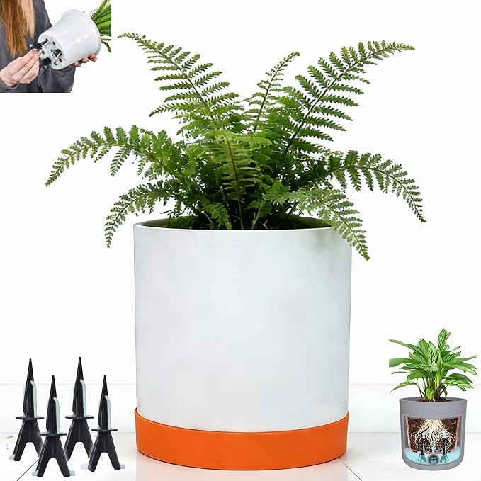 GreenShip 14 inch Self-Watering Cylinder Planter Pot with Saucer & Plugged Drainage Hole – Dual Use: Self-Watering or Traditional Pot – Jun Porcelain Clay & Recycle Resin, Durable & Unbreakable(W/T)