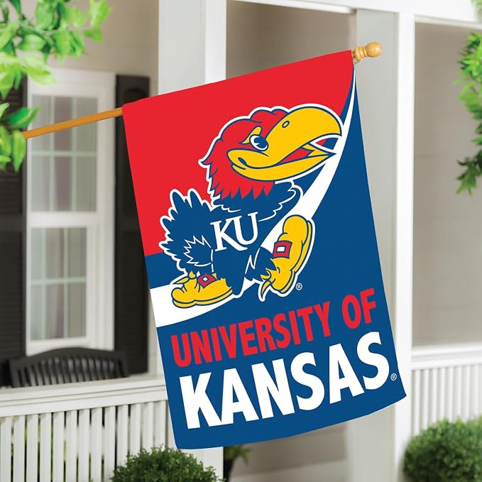 NCAA University of Kansas House Flag, 28 x 44, Double Sided Garden Flags for Outside, Outdoor College Flags & Banners for Gardens Patio, Indoor Wall Decor Flag for Room